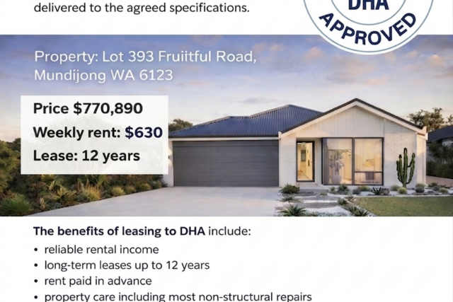 DHA Lease Approved Investment – 12 Year Lease – $630/week – Plunkett Homes Build